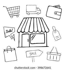 Set Of Business Doodle Icons, Vector Shopping Icons For Design, Hand Drawn Shop, Sale, Shopping Bag, Basket Objects