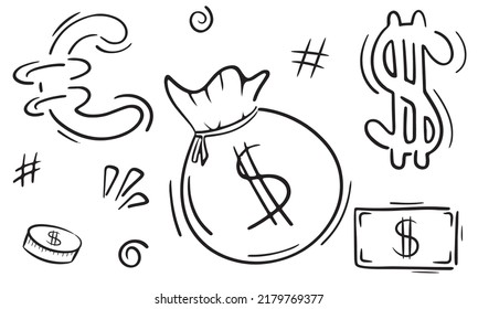 a set of business doodles for the bank - a bag of money, dollar, euro, coin and banknote, set of vector isolated elements in doodle style, black outline, white background, business doodles