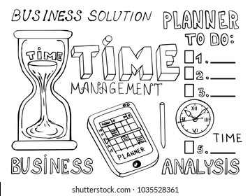 Set of Business doodles icons: computer, media, time management, communication, mobile; Graph, diagram, approximation, statistics; analysis, plan, solution. Vector hand drawing monochrome illustration