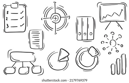 set of business doodles for meetings, meetings, management and planning, set of vector isolated elements in doodle style, black outline, white background, business doodles