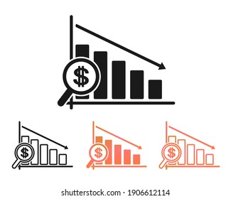 Set of business down chart. Declining graph with a magnifying glass with a dollar. Arrow pointing down on graph. Financial crisis graph. Dollar rate decrease. Illustration vector