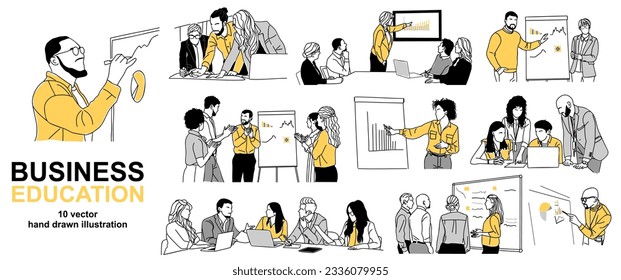 Set Business education concept illustration scenes. Different men and omen taking part in conference, presentation. Vector simple outline drawing for graphic and web design Isolated.