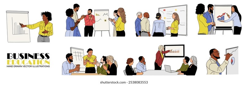 Definir cenas de ilustração de conceito de educação empresarial. Diferentes homens e mulheres que participam na conferência, apresentação. Desenho de contorno colorido vetorial para design gráfico e da Web Isolado.
