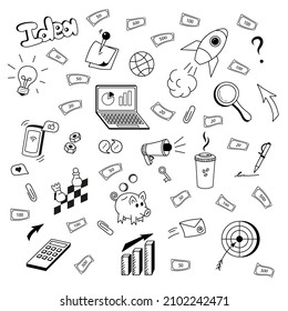 Un conjunto de elementos de negocio en estilo doodle. Gráficos vectoriales.