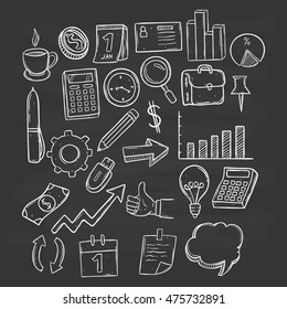 set of business elements using hand drawing or doodle art on chalkboard background