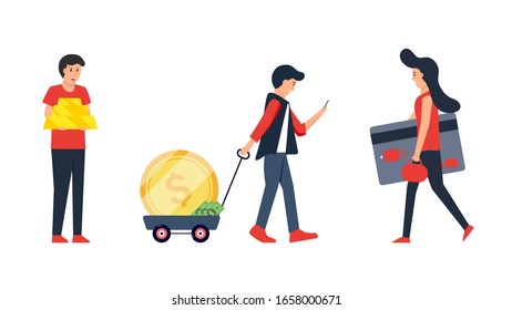 Set of Business and finance concept illustration. Businessman pulling cart full of money. Women carrying credit card. Man holding big gold. Flat modern vector design.