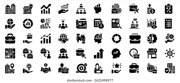 Set of business and finance icons representing strategy growth planning and analysis