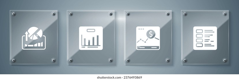 Set Business finance report, Website with growth graph, Pie chart infographic and Stocks market graphs. Square glass panels. Vector