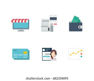 Set of the Business and Finance Vector Flat Icons. Includes Monitor, Archive, Wallet, Credit Card, Live Chat, and Analysis