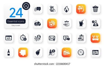 Set of Business flat icons. Bitcoin project, Happy emotion and Report elements for web application. International flight, Last minute, Seo strategy icons. Music phone, Buyer insurance. Vector