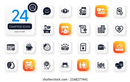 Set of Business flat icons. Car, Exhibitors and Dog certificate elements for web application. Technical documentation, Web settings, Diagram chart icons. Smile chat, Coffee cup. Vector