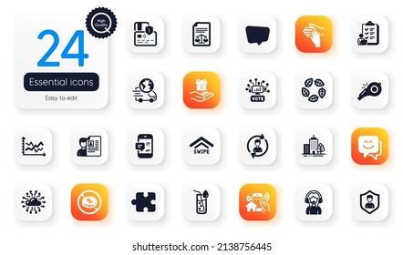 Set of Business flat icons. Card, Support and Loyalty program elements for web application. Legal documents, Smile face, Skyscraper buildings icons. Security agency, No cash. Vector