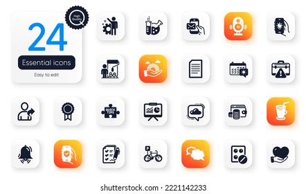 Set of Business flat icons. Chemistry lab, Clock bell and Employee elements for web application. Messenger mail, Travel calendar, Bicycle parking icons. Messenger, Cloud communication. Vector