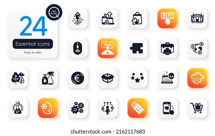 Set Of Business Flat Icons. Euro Money, Freezing Water And Loyalty Points Elements For Web Application. Video Conference, Puzzle, Cyber Attack Icons. Fake Review, Tree. Vector