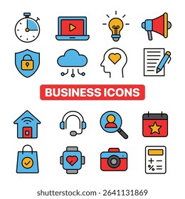 Set of Business Flat icons featuring various elements such as Communication, Technology, and Productivity. Includes diverse Designs suitable for business, Office use, and Digital Media