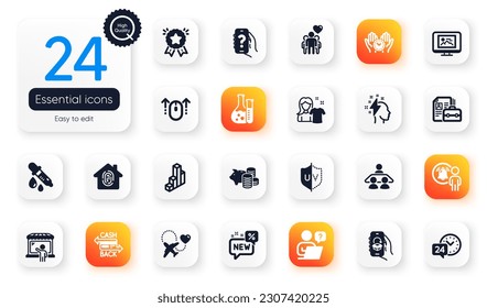 Set of Business flat icons. Help app, Vacancy and Clean shirt elements for web application. Ranking star, Brainstorming, Swipe up icons. Delivery app, 3d chart, Cashback card elements. Vector