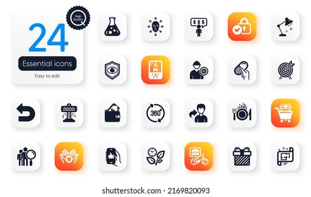 Set of Business flat icons. Leaves, Table lamp and Search people elements for web application. 360 degrees, Architectural plan, Face biometrics icons. Wallet, Crane claw machine. Vector