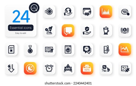Set of Business flat icons. Microscope, Energy drops and Refrigerator elements for web application. Line chart, Latte coffee, Quick tips icons. Alarm clock, Engineering documentation. Vector