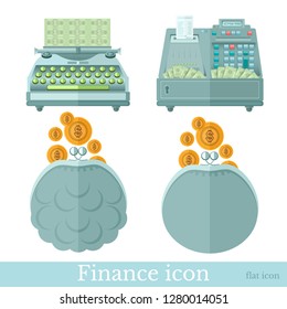 Set of business flat icons on white. Pouch with gold coins, typewriter makes money and cashbox with banknotes