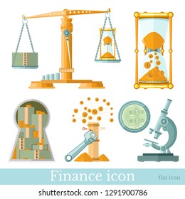 Set of business flat icons on white. Scales with money, microscope show money, sandglass banknotes; money pipe; keyhole to room with money