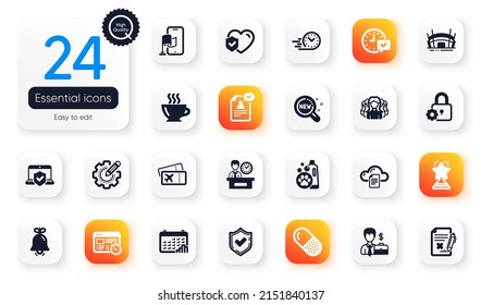 Set of Business flat icons. Presentation time, Pet shampoo and Women group elements for web application. Web timer, Calendar graph, Lock icons. Settings gear, Life insurance. Vector