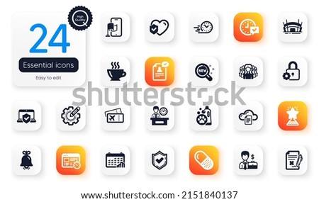 Set of Business flat icons. Presentation time, Pet shampoo and Women group elements for web application. Web timer, Calendar graph, Lock icons. Settings gear, Life insurance. Vector