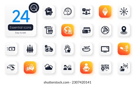 Juego de iconos planos de Business. Prohibir alimentos, redes y elementos de ondas de voz para aplicaciones web. Ubicación, videoconferencia, iconos de tarjeta de pago. Comunicación de la gente, Idea. Vector