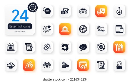 Set of Business flat icons. Repairman, Text message and Hold heart elements for web application. Speech bubble, Court building, Cloud protection icons. Checkbox, Wallet, Scroll down elements. Vector