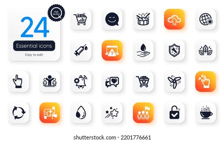 Set of Business flat icons. Seo shopping, Heart and Drums elements for web application. Recycle, Touchscreen gesture, Falling star icons. Spanner, Lock, Wind energy elements. Vector