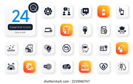 Set of Business flat icons. Start business, Wallet and Food order elements for web application. Quote bubble, Lgbt, Timer icons. Wash t-shirt, Clean skin, Wine bottle elements. Vector