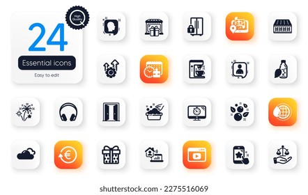 Set of Business flat icons. World water, Headphones and Seo timer elements for web application. Refrigerator, Work home, Fireworks icons. Puzzle time, Cloudy weather, Gps elements. Vector