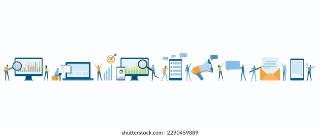 Set business Flat vector illustration design concept teamwork activities of business people. programmer web developers. create mobile applications. analysis team. social media marketing. 