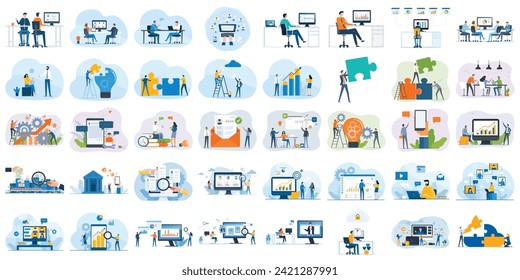 set business flat  vector illustration design style concept. for graphic and web page banners. cartoon character design. team online video conference meeting. business planning. data analytics 

