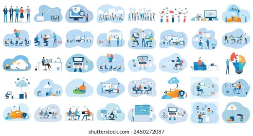 set business flat vector illustration design style concept. for graphic and web page banners. cartoon character design. team online video conference meeting. business planning. data analytics