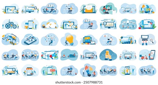 set business flat vector illustration design style concept. for graphic and web page banners. cartoon character design. team online video conference meeting. business planning. data analytics. finance
