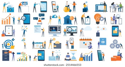conceito de estilo de ação de trabalho de desenho de desenho de ilustração de vetor plano de negócios. reunião de videoconferência on-line. planejamento de negócios. análise de dados. investimento financeiro.
