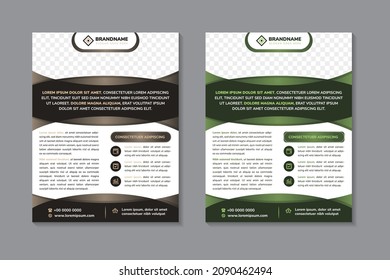 Set of business flyer template design with dummy text as example. vertical layout with space for photo collage . white  background combined with and brown gradient element. infographic icon. 