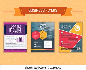 Set of Business flyers for your professional presentation on stars decorated orange background.