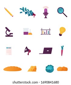 Set Business, Food and Science Icons Isolated on White Background. Pencil Megaphone with Money Flow and Microphone, Magnifying Glass Microscope and Test Tubes. Light Bulb. Cartoon Vector Illustration