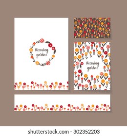 Set of business forms, including flowers, berries, branches, leaves, buttercup, tulip, rose, chamomile. Letterhead with shadow on brown background.