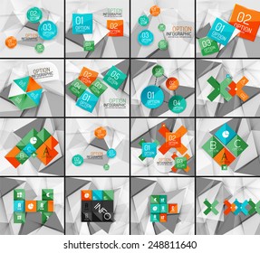 Set of business geometric option steps infographics. Color glossy shapes - buttons with numbers, letters and icons
