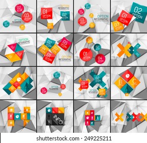 Set of business geometric option steps infographics. Color glossy shapes - buttons with numbers, letters and icons