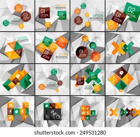 El conjunto de opciones geométricas de negocio pasa por infografías. Formas brillantes de color - botones con números, letras e iconos
