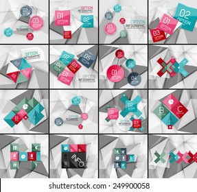 Set of business geometric option steps infographics. Color glossy shapes - buttons with numbers, letters and icons