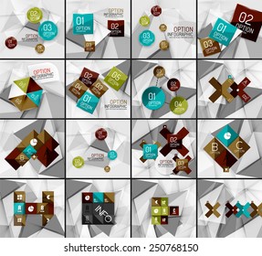 Set of business geometric option steps infographics. Color glossy shapes - buttons with numbers, letters and icons