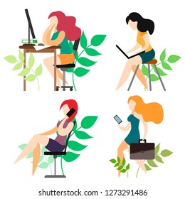Set from business girls working in a various place and in all situations. Vector illustration of a flat style. Set of business characters working in business with leaf decor