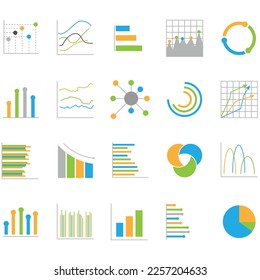 Juego de iconos de gráfico de negocios, presentación de las estadísticas de objetos de color, vector de símbolo de informe de éxito plano. 640 x 640 píxeles