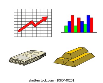 set of business graph, news paper, bullion or gold bar isolated on white background - vector illustration