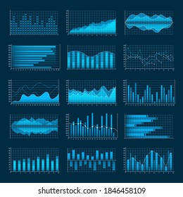 Set of business graphs. Infographics and diagnostics, charts and schemes. Trend lines, columns, market economy information background. Analysis and management of financial assets. Vector illustration.