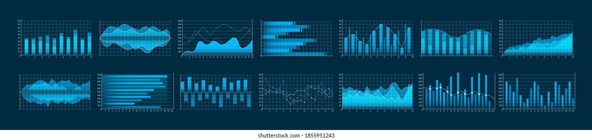 Set of business graphs. Infographics and diagnostics, charts and schemes. Trend lines, columns, market economy information background. Analysis and management of financial assets. Vector illustration.